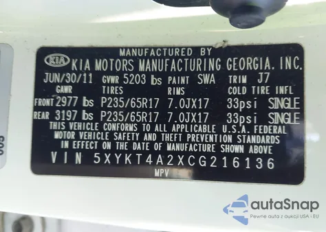 2012 Kia Sorento Lx V6 из США, поврежденный, VIN 5XYKT4A2XCG216136